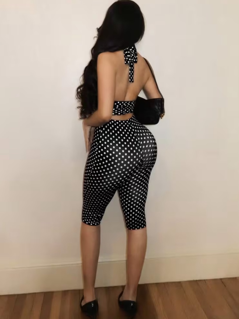 Polka Dot Halter Crop Top & capri Set - Black/White